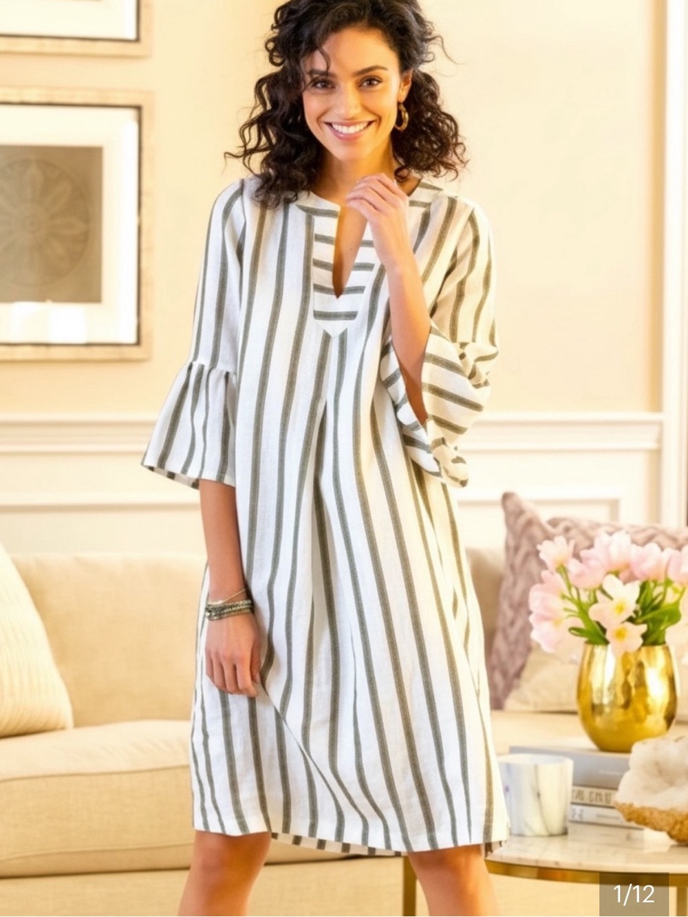 Soft Surroundings Rue Jussieu Linen Blend Striped Relaxed Dress Ivory  Pockets